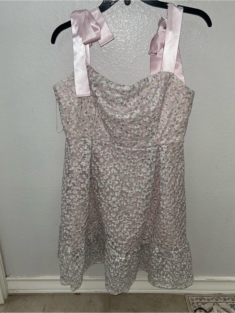 Love Pale Pink Floral Mini Dress with Satin Tie Straps